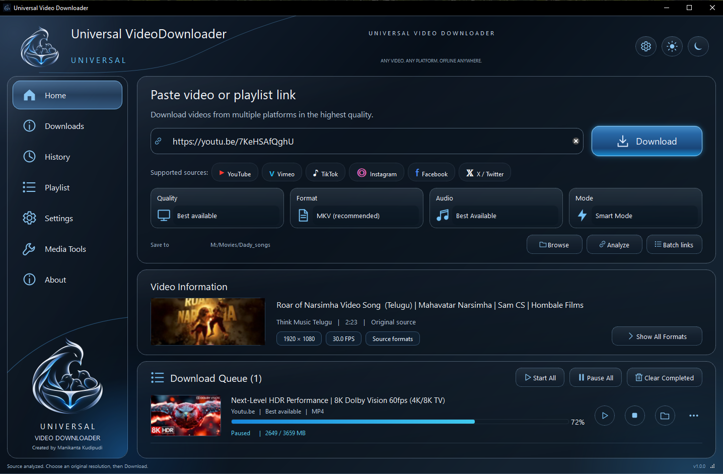 Universal Video Downloader home screen with link input, quality, format, audio and mode options, and the download queue